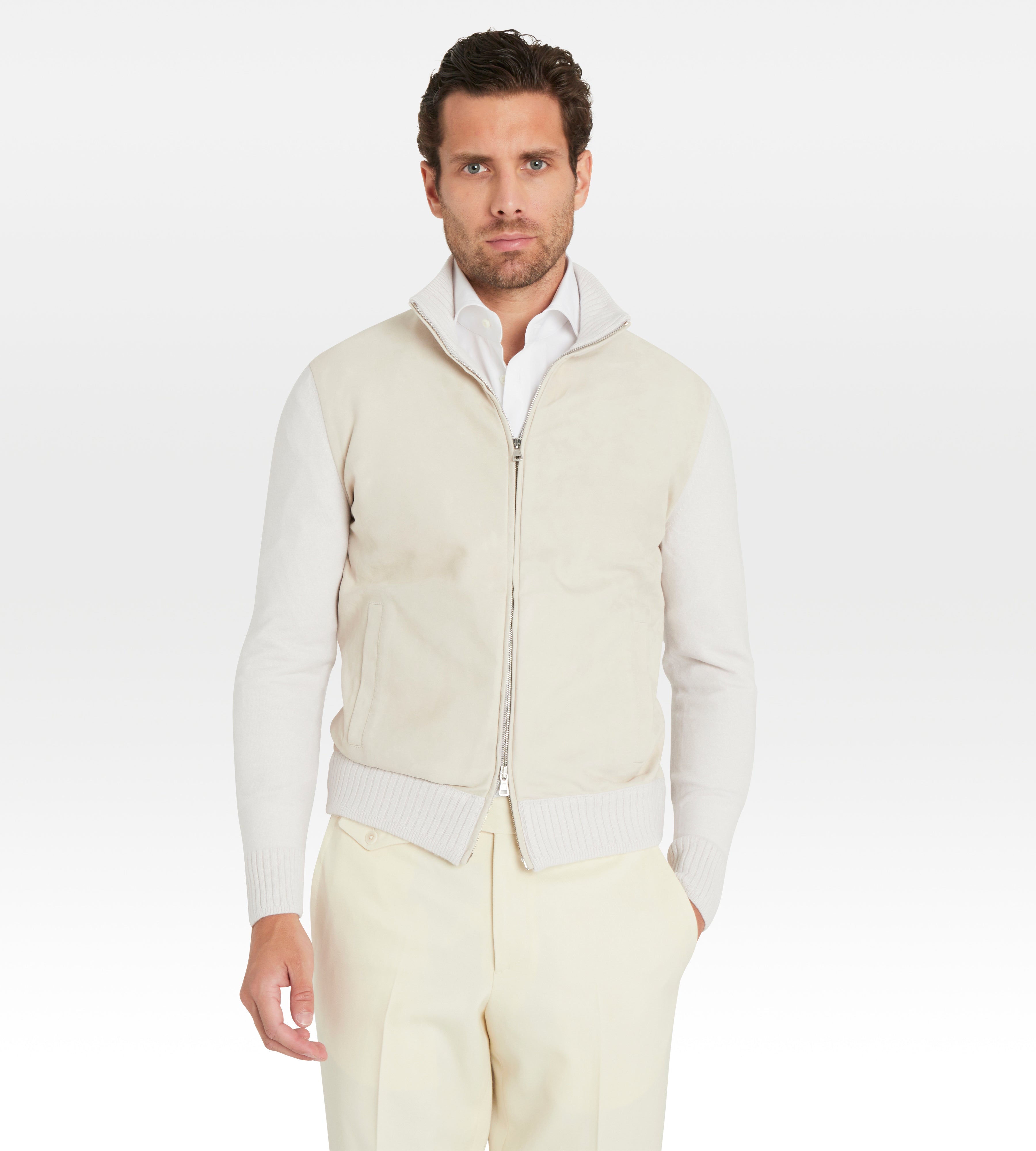 Pull à zip beige en daim et cachemire