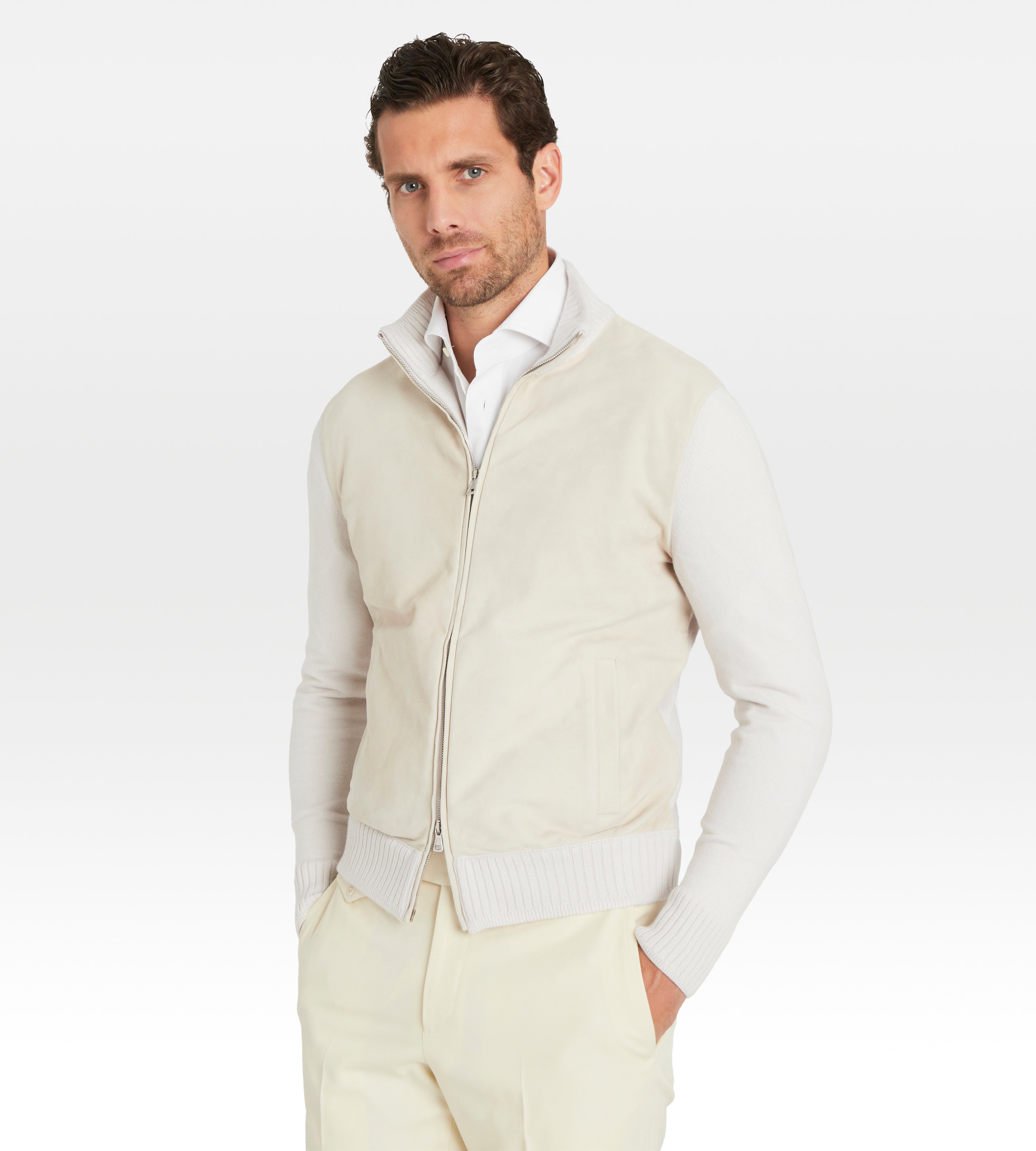 Pull à zip beige en daim et cachemire