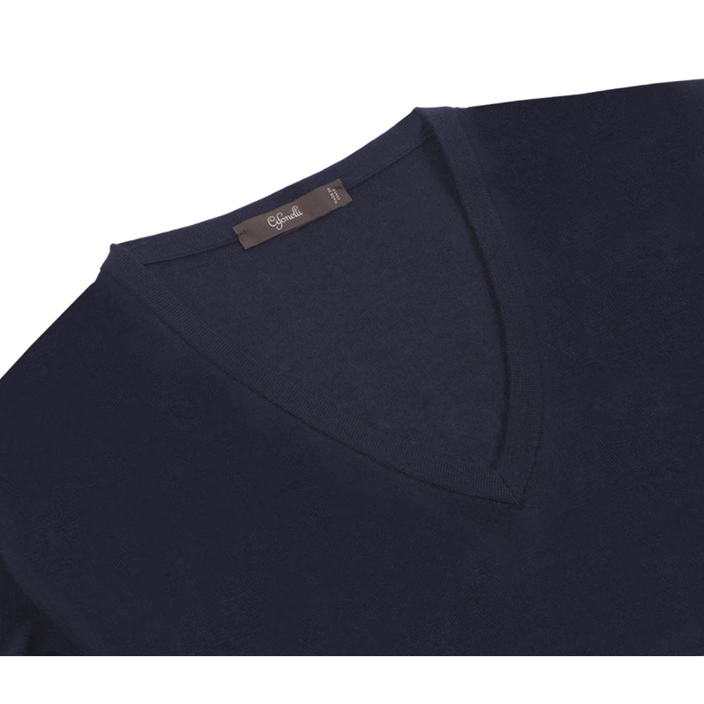 Pull col V en cachemire & soie bleu marine