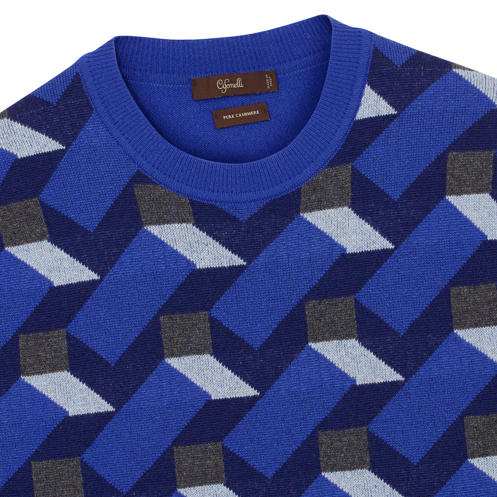 Pull en cachemire géométrique bleu