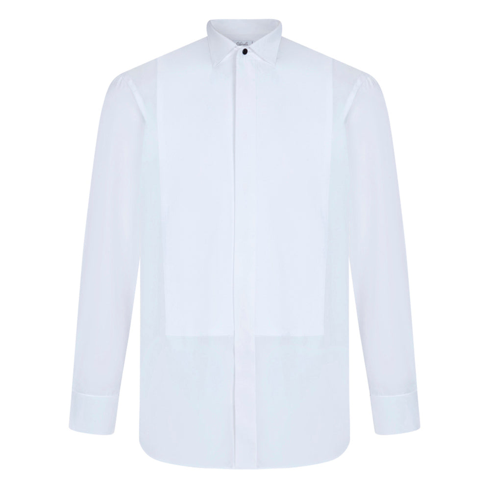 Chemise blanche à col cassé, plastron & poignets mousquetaires