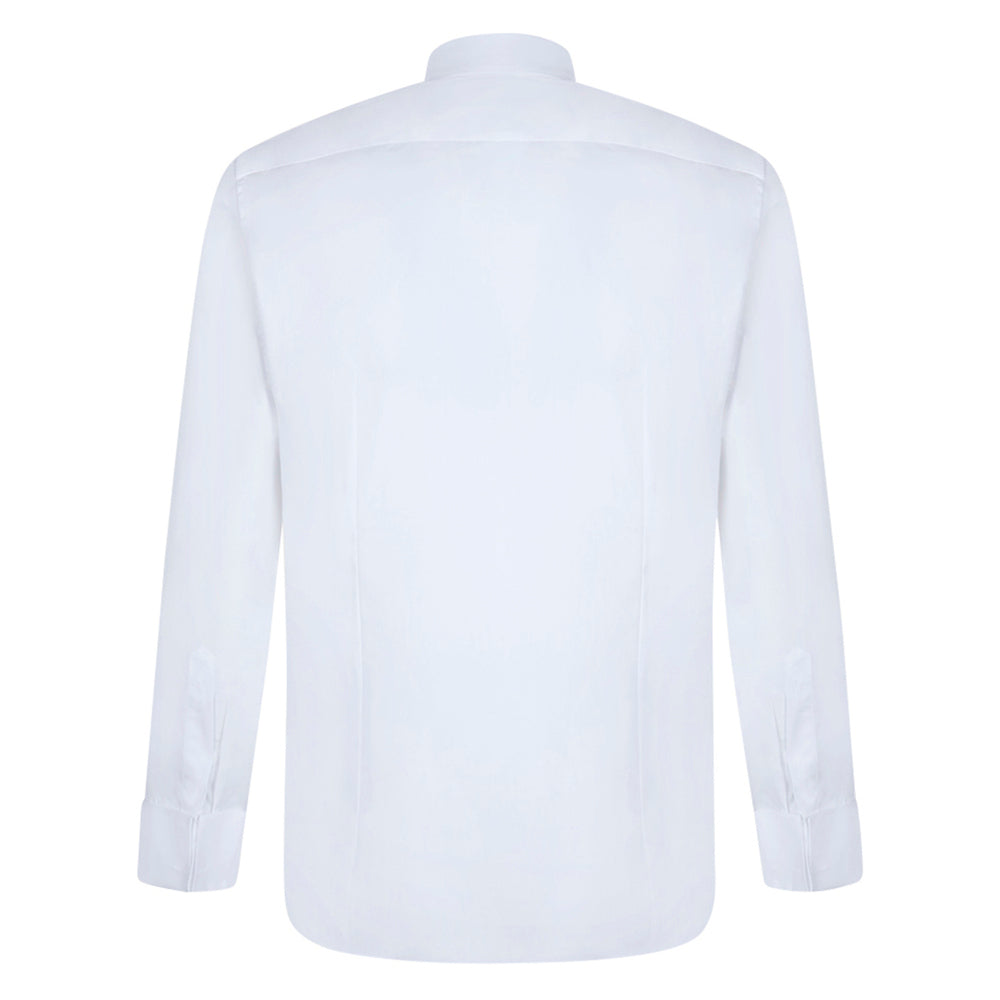 Chemise blanche à col cassé, plastron & poignets mousquetaires