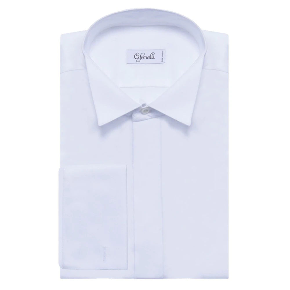 Chemise blanche en coton à col cassé & poignets mousquetaires