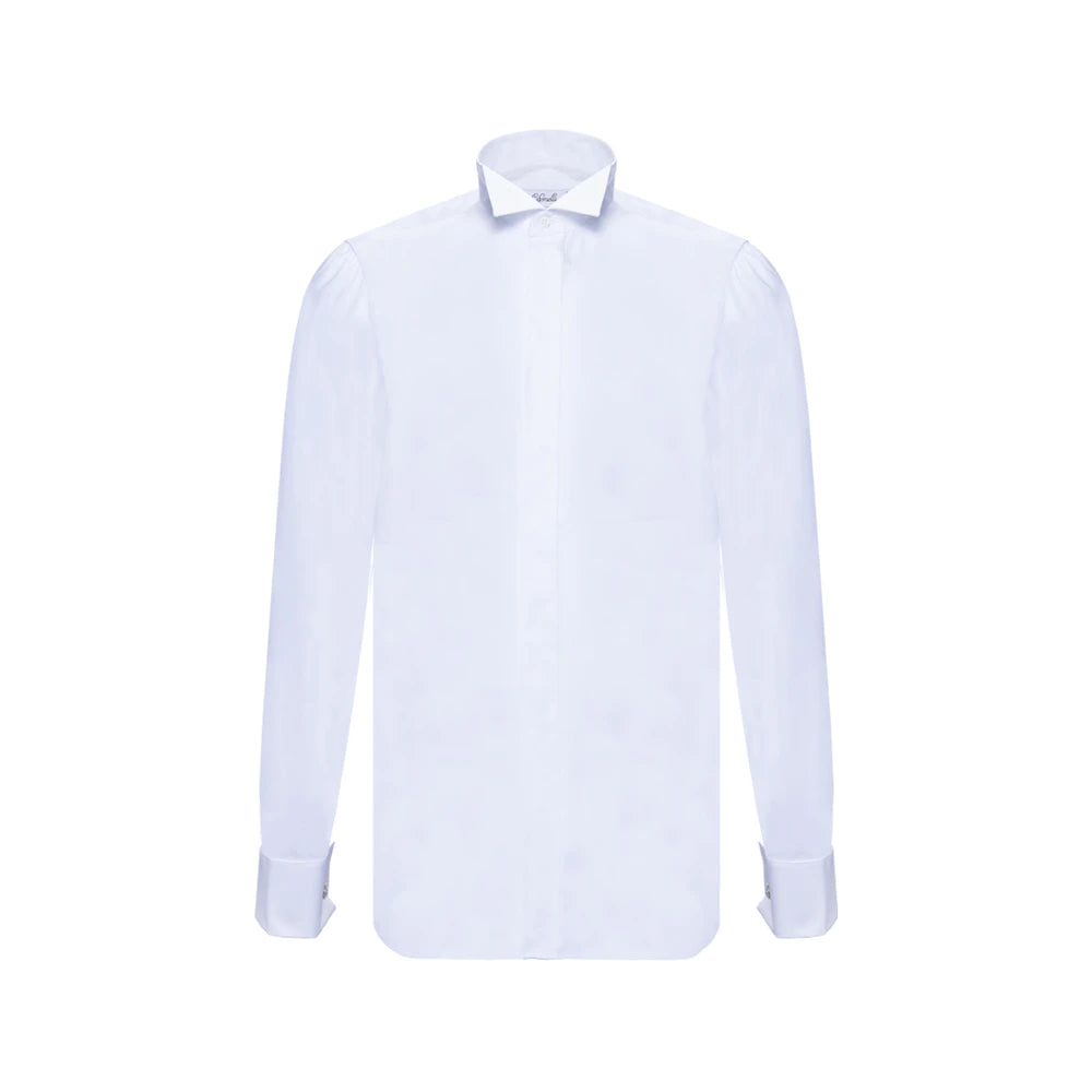 Chemise blanche en coton à col cassé & poignets mousquetaires