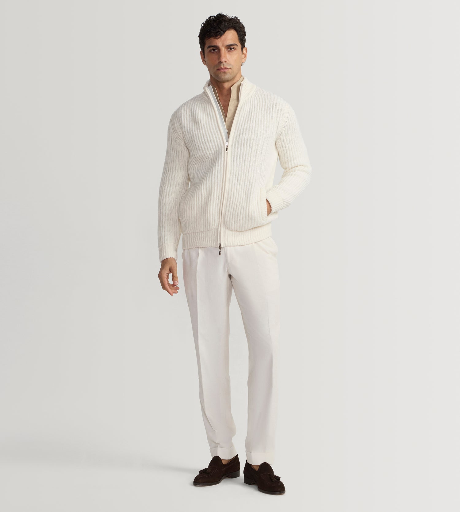 Pull à zip en laine &amp; cachemire ivoire