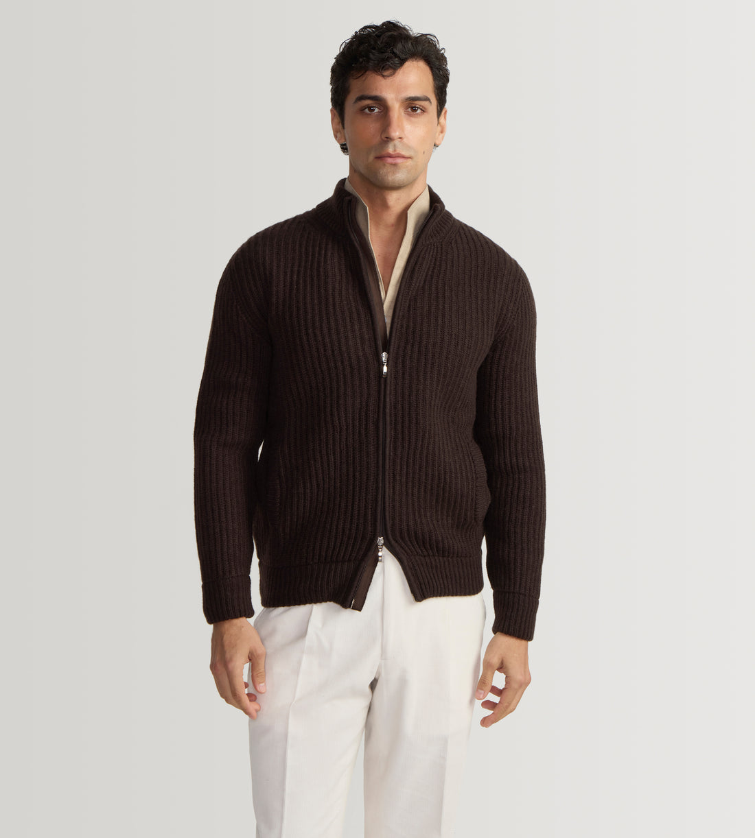 Pull à zip en laine &amp; cachemire marron foncé