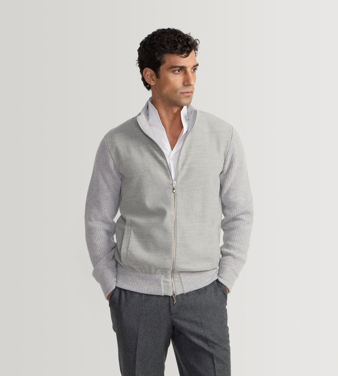 Cardigan zippé gris en laine &amp; cachemire