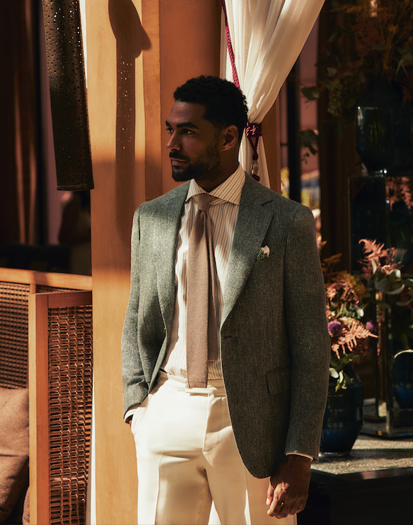 Chemise beige rayée grise et framboise en coton, laine et cachemire