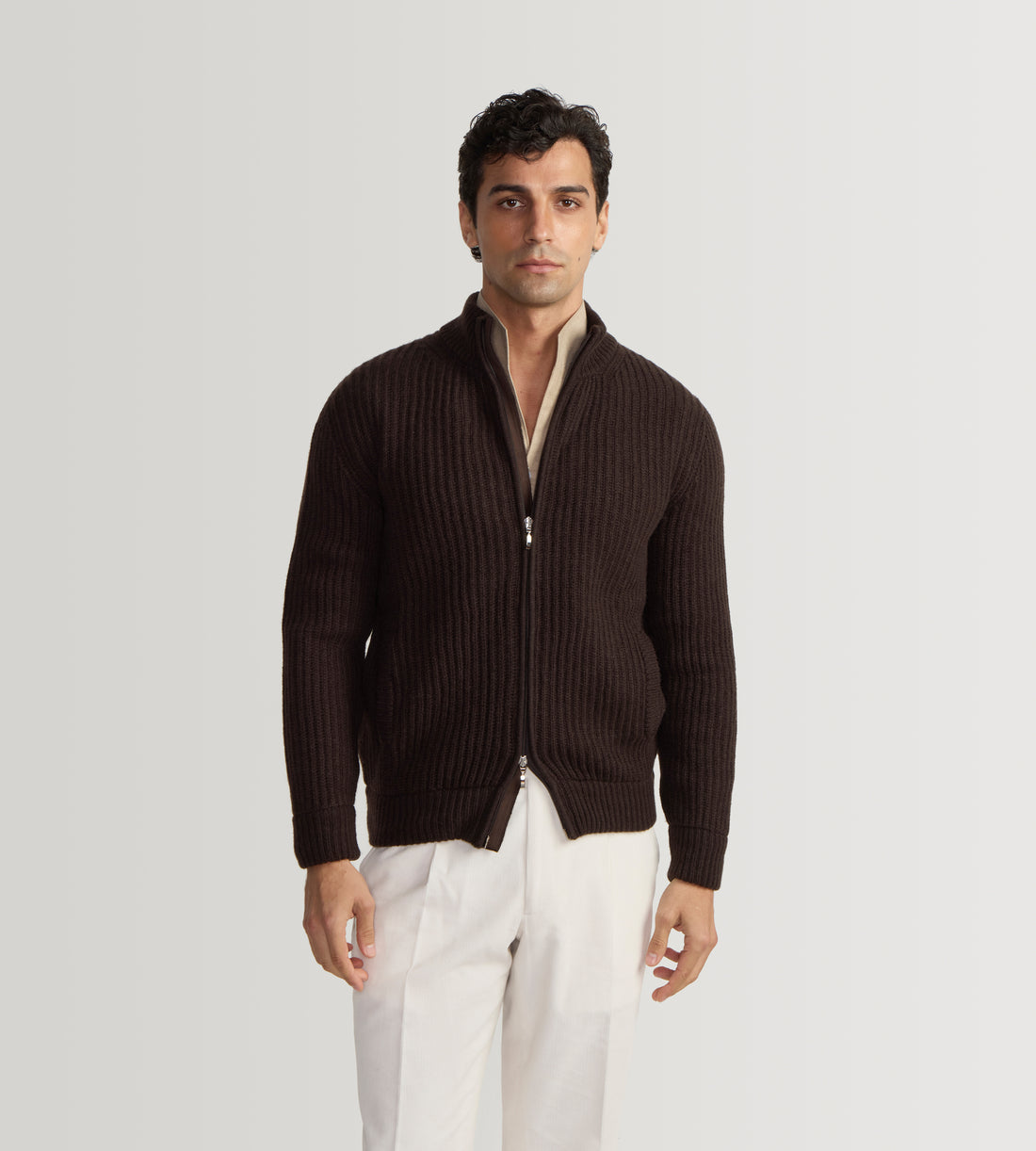 Pull à zip en laine &amp; cachemire marron foncé