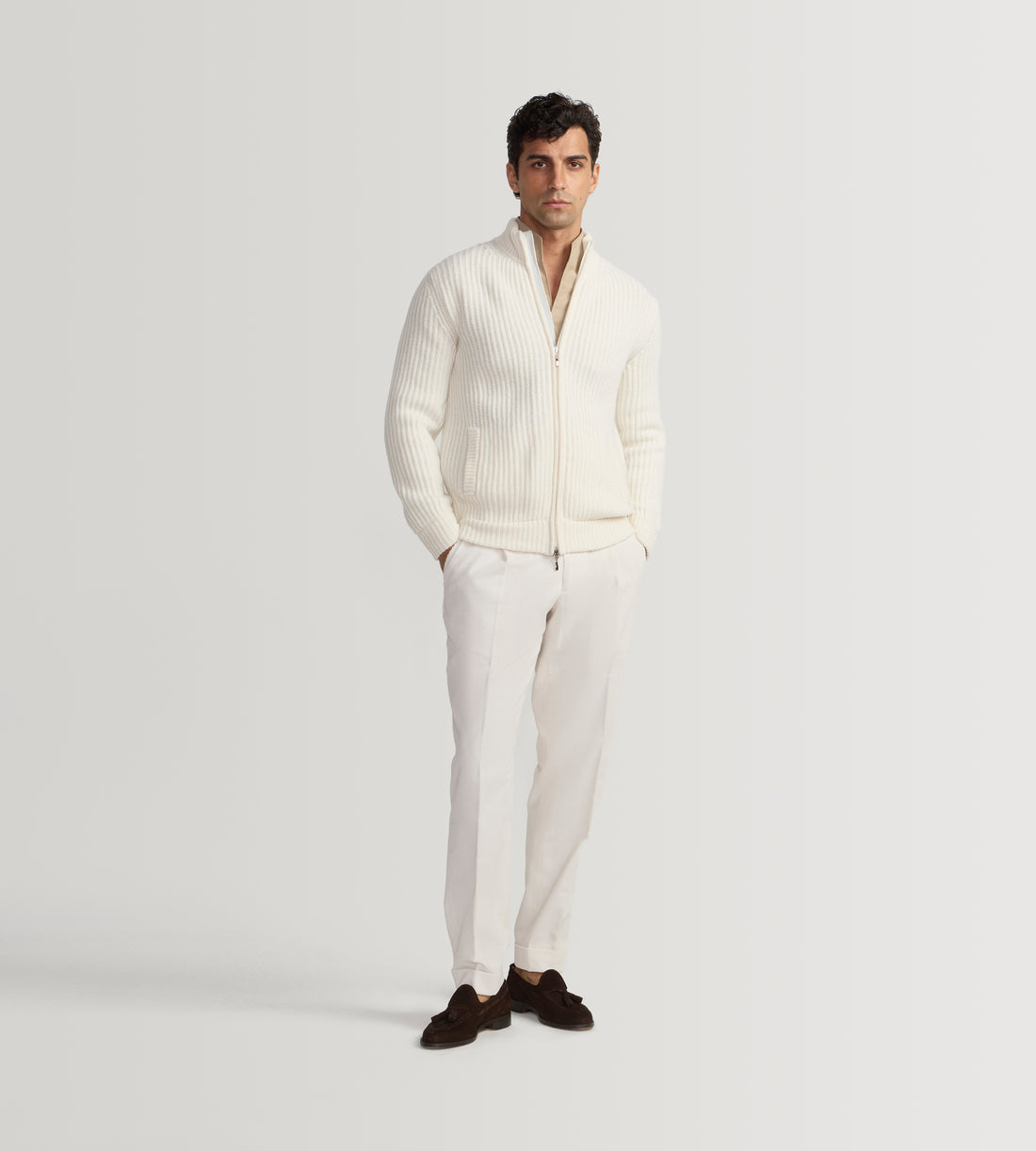Pull à zip en laine &amp; cachemire ivoire