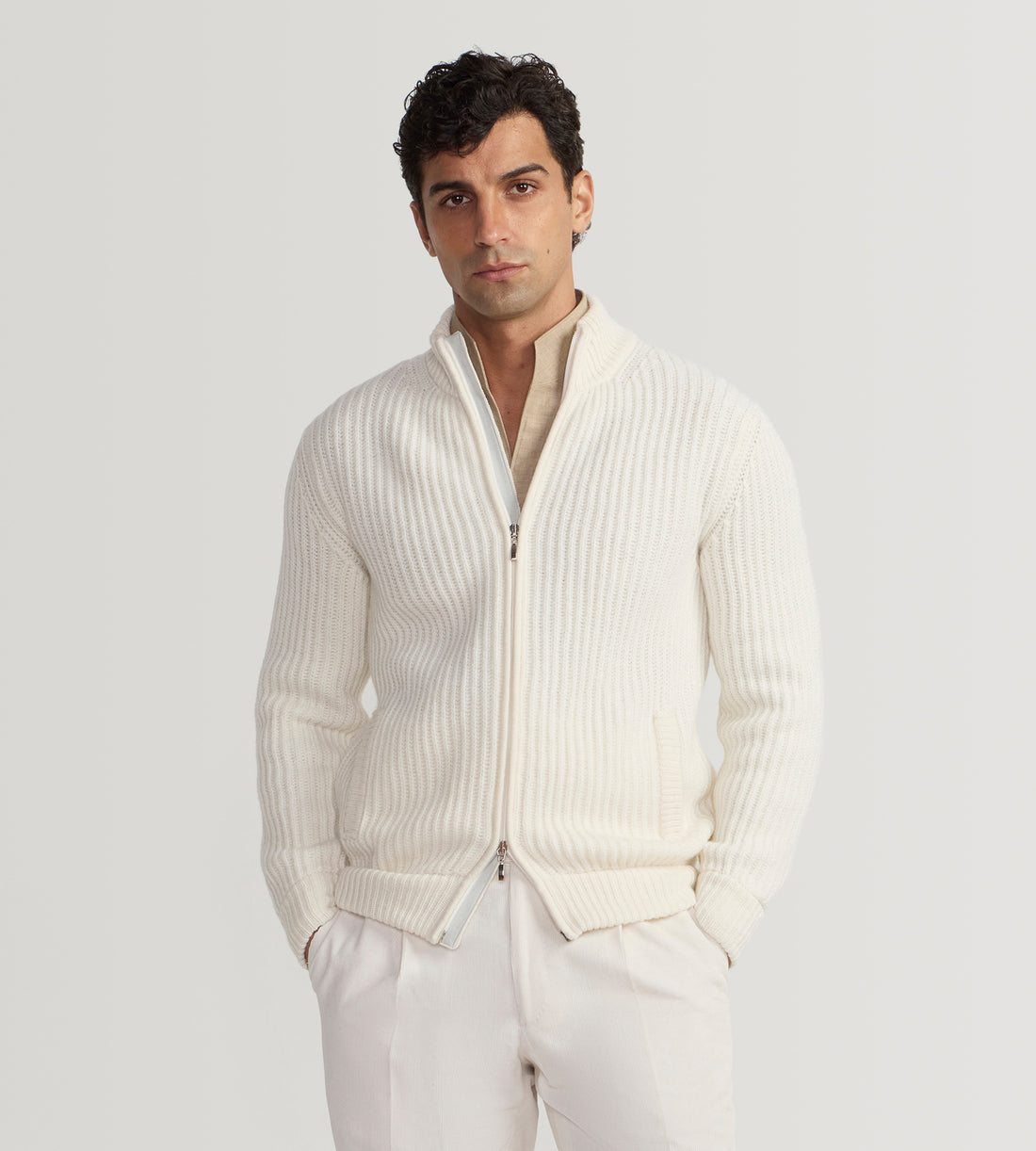 Pull à zip en laine &amp; cachemire ivoire