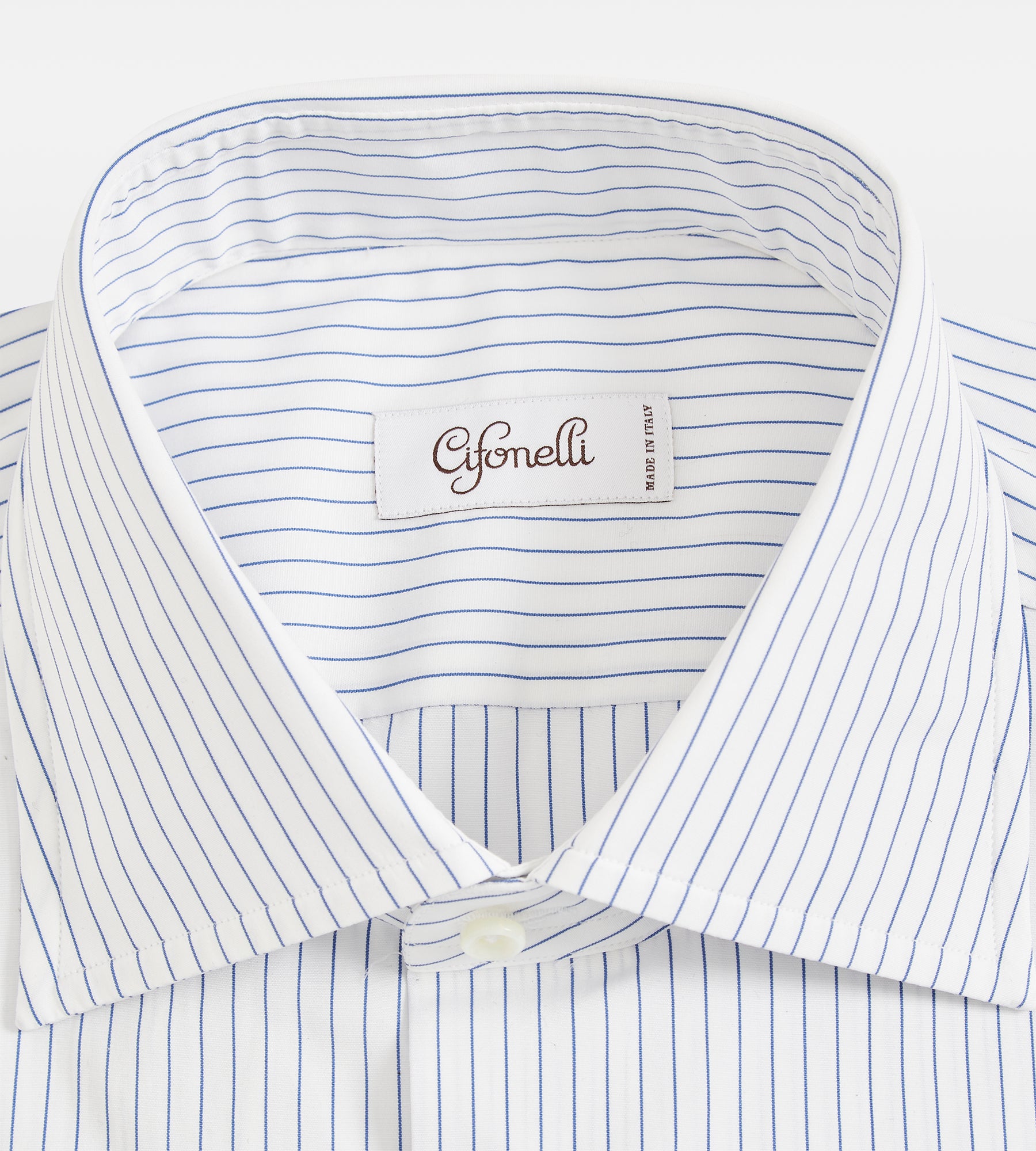 White and navy blue cotton shirt with fine stripes