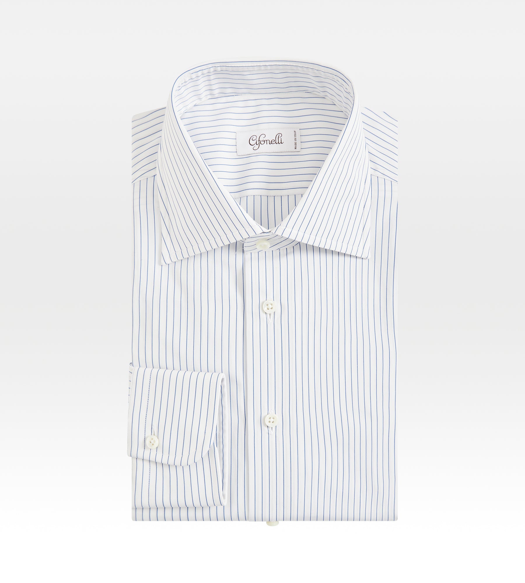 White and navy blue cotton shirt with fine stripes