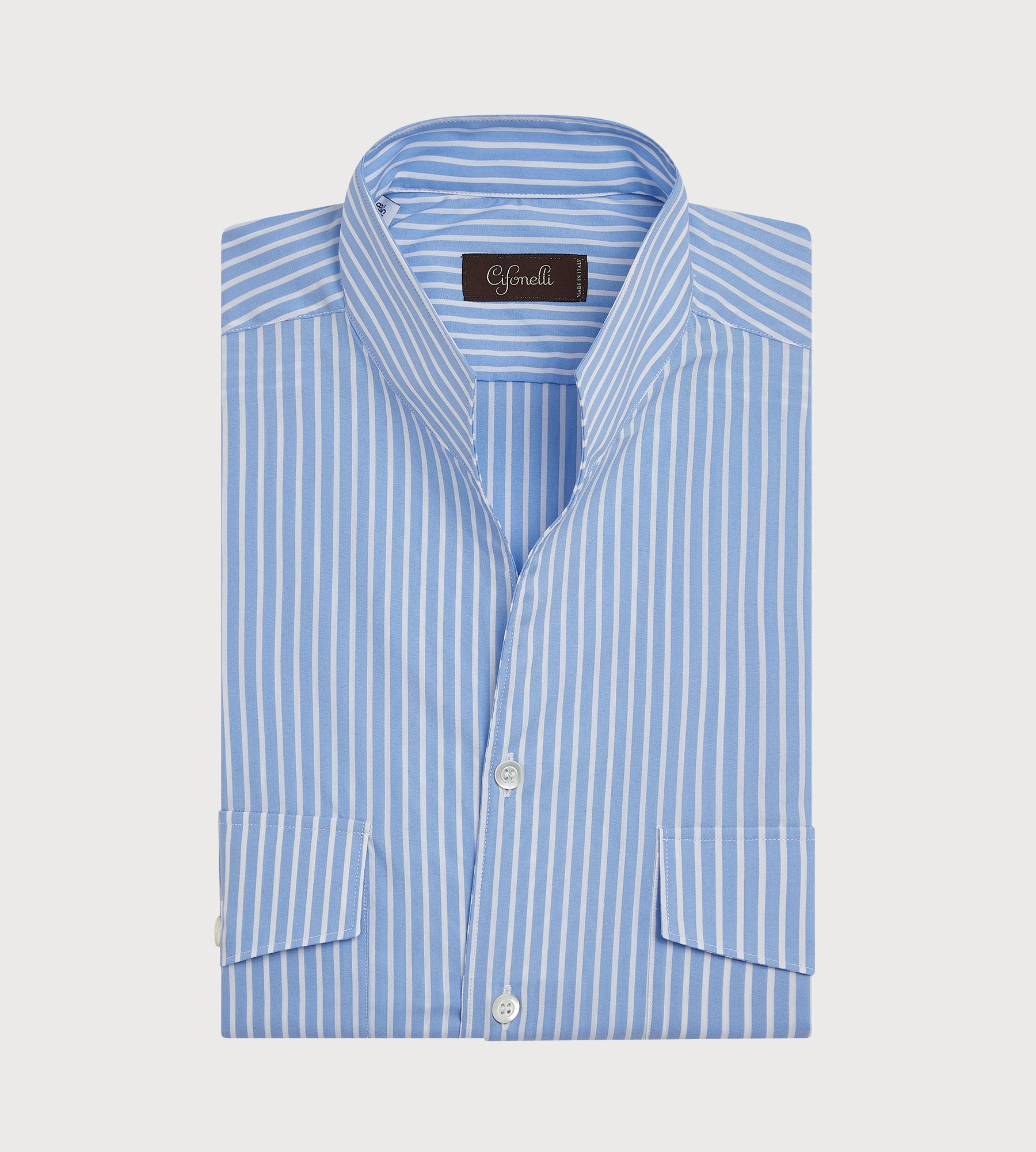 Chemise bleu ciel rayée à col indien