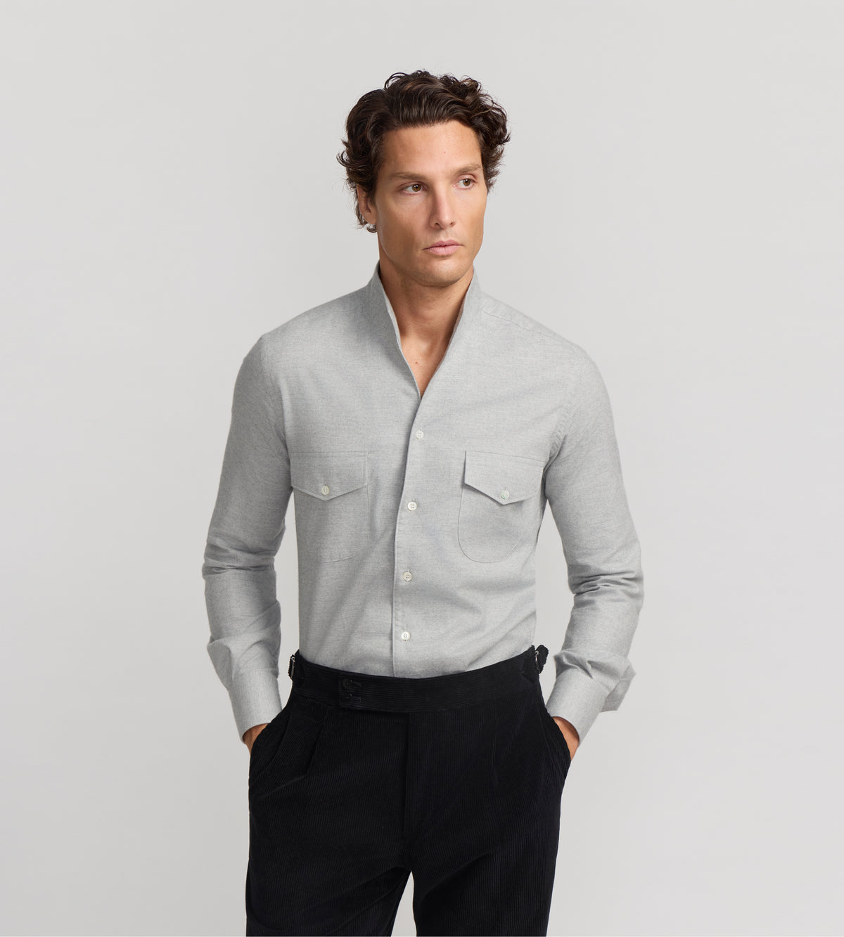 Chemise col indien en coton et cachemire gris