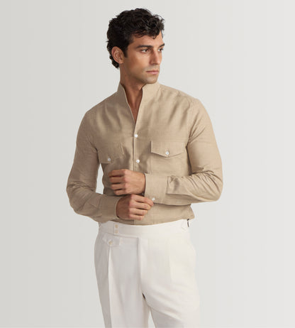 Chemise beige à col indien en coton doux