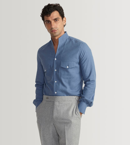 Chemise bleue à col indien en coton doux