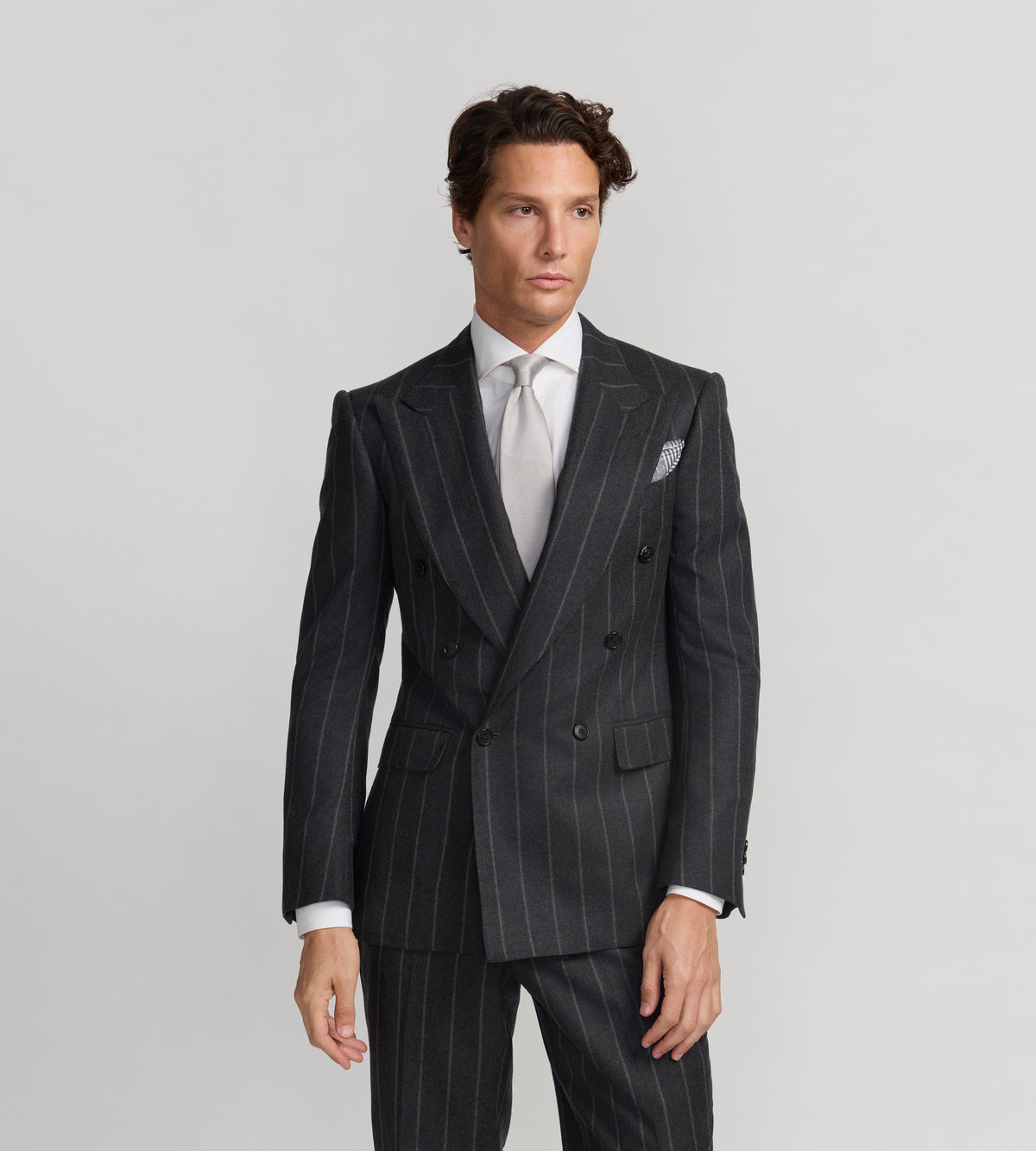 Costume 6x1 gris rayé en flanelle