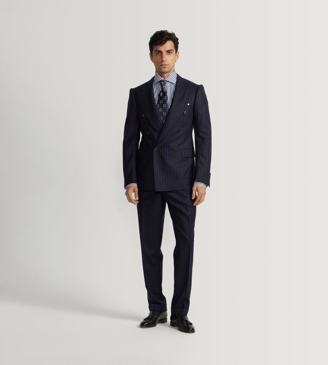Costume croisé bas 6x1 bleu marine à rayures en flanelle