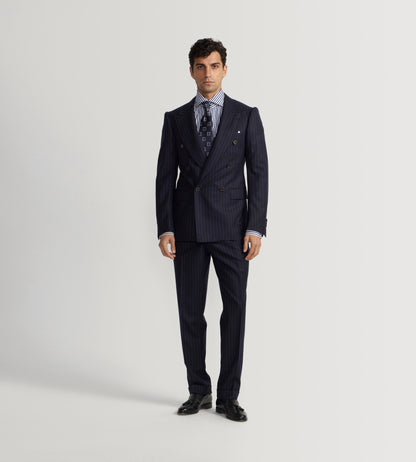 Costume croisé bas 6x1 bleu marine à rayures en flanelle
