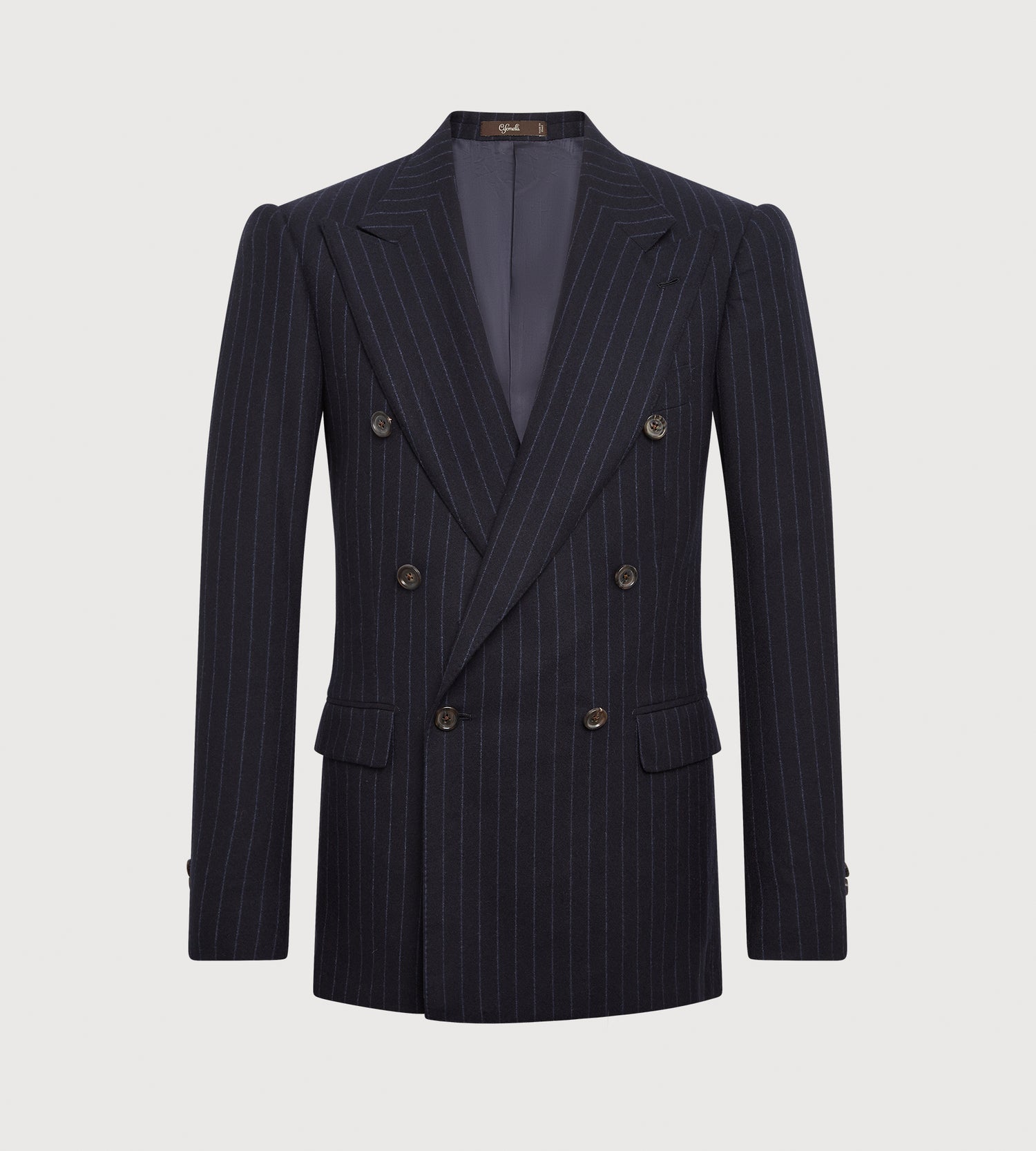 Costume croisé bas 6x1 bleu marine à rayures en flanelle