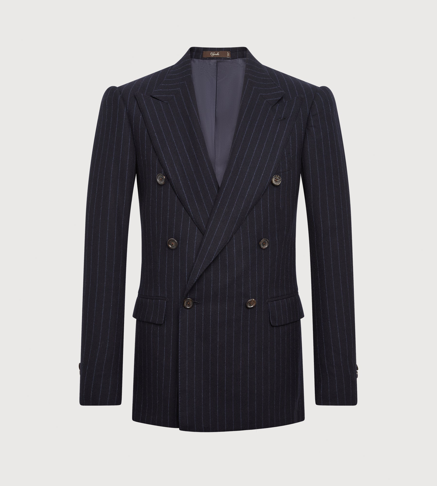 Costume croisé bas 6x1 bleu marine à rayures en flanelle