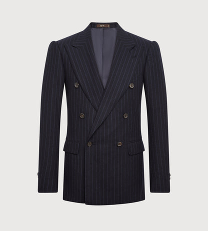 Costume croisé bas 6x1 bleu marine à rayures en flanelle