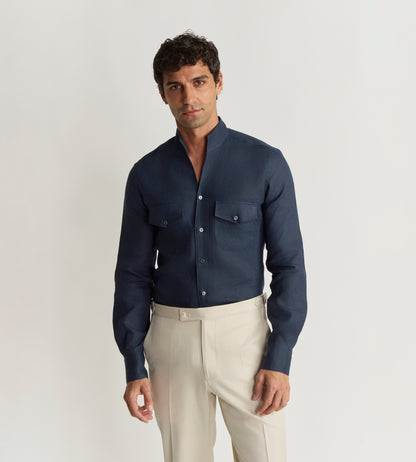 Chemise bleu cobalt à col indien