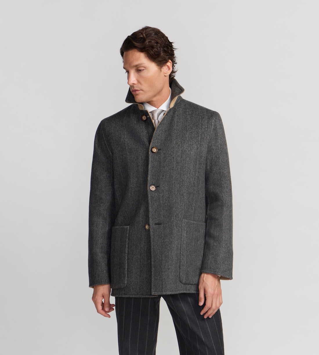Manteau réversible en cachemire à motif chevrons