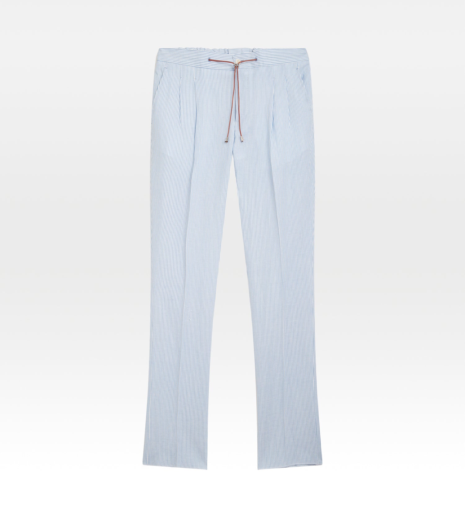 Pantalon en laine et lin rayé bleu &amp; blanc à cordon