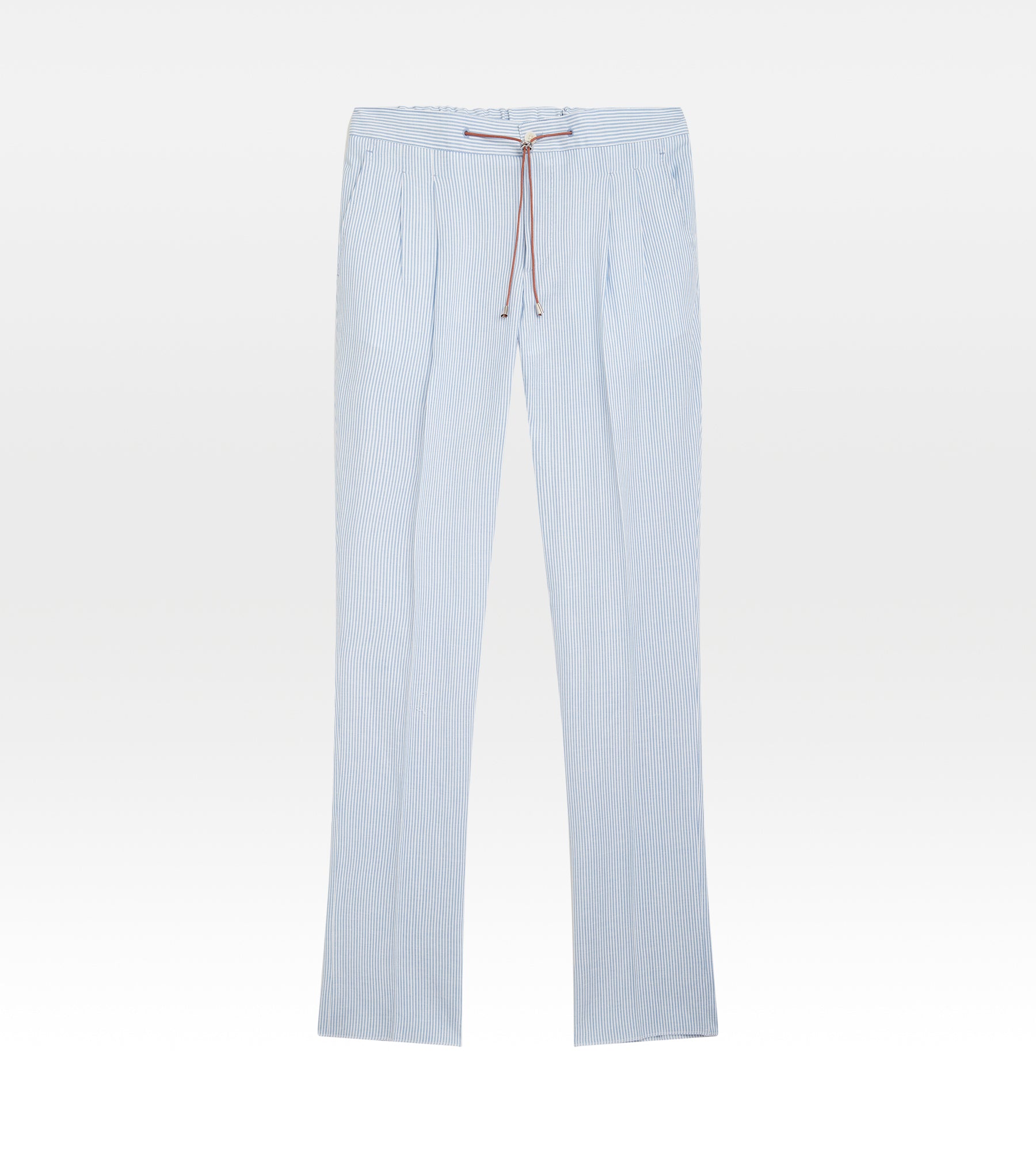 Pantalon en laine et lin rayé bleu &amp; blanc à cordon