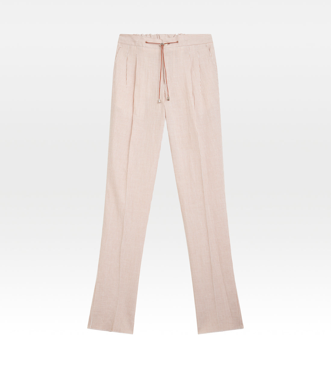 Pantalon en laine et lin rayé marron clair &amp; blanc à cordon