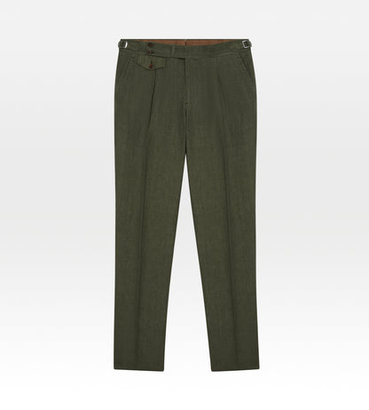 Pantalon 1 pli en lin vert militaire