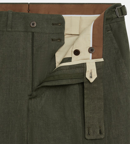 Pantalon 1 pli en lin vert militaire