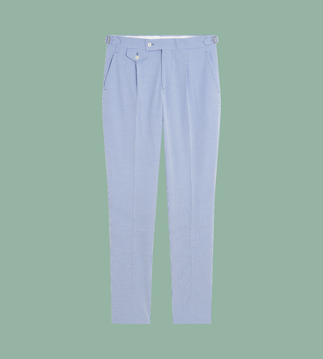 Pantalon rayé bleu et blanc en seersucker