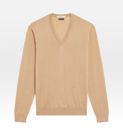 Pull col V en cachemire &amp; soie camel