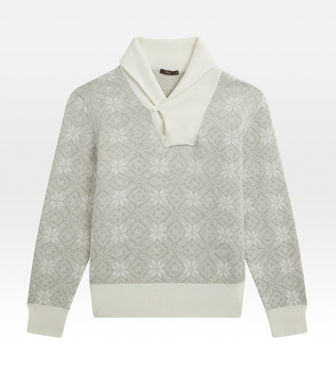 Maille à col châle beige et gris à motifs