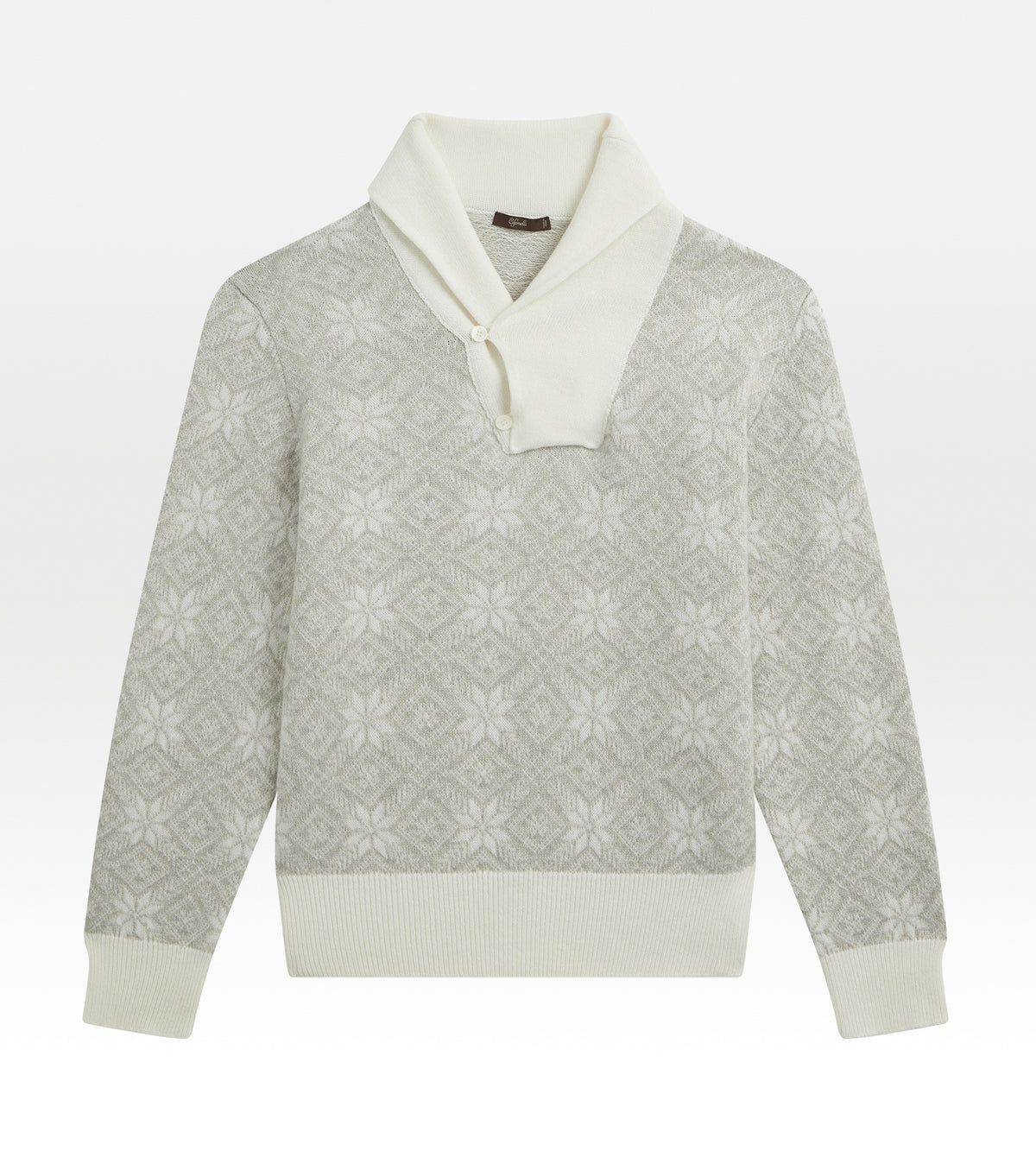 Maille à col châle beige et gris à motifs