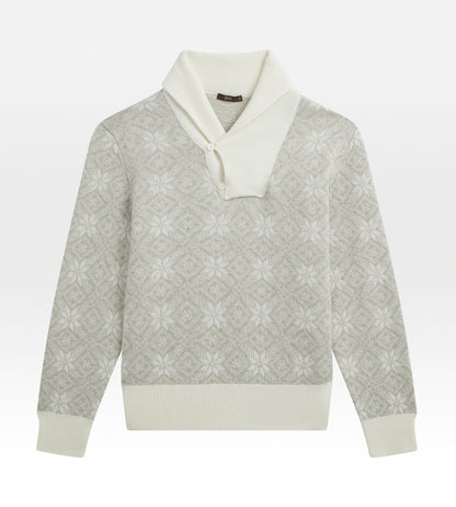 Maille à col châle beige et gris à motifs