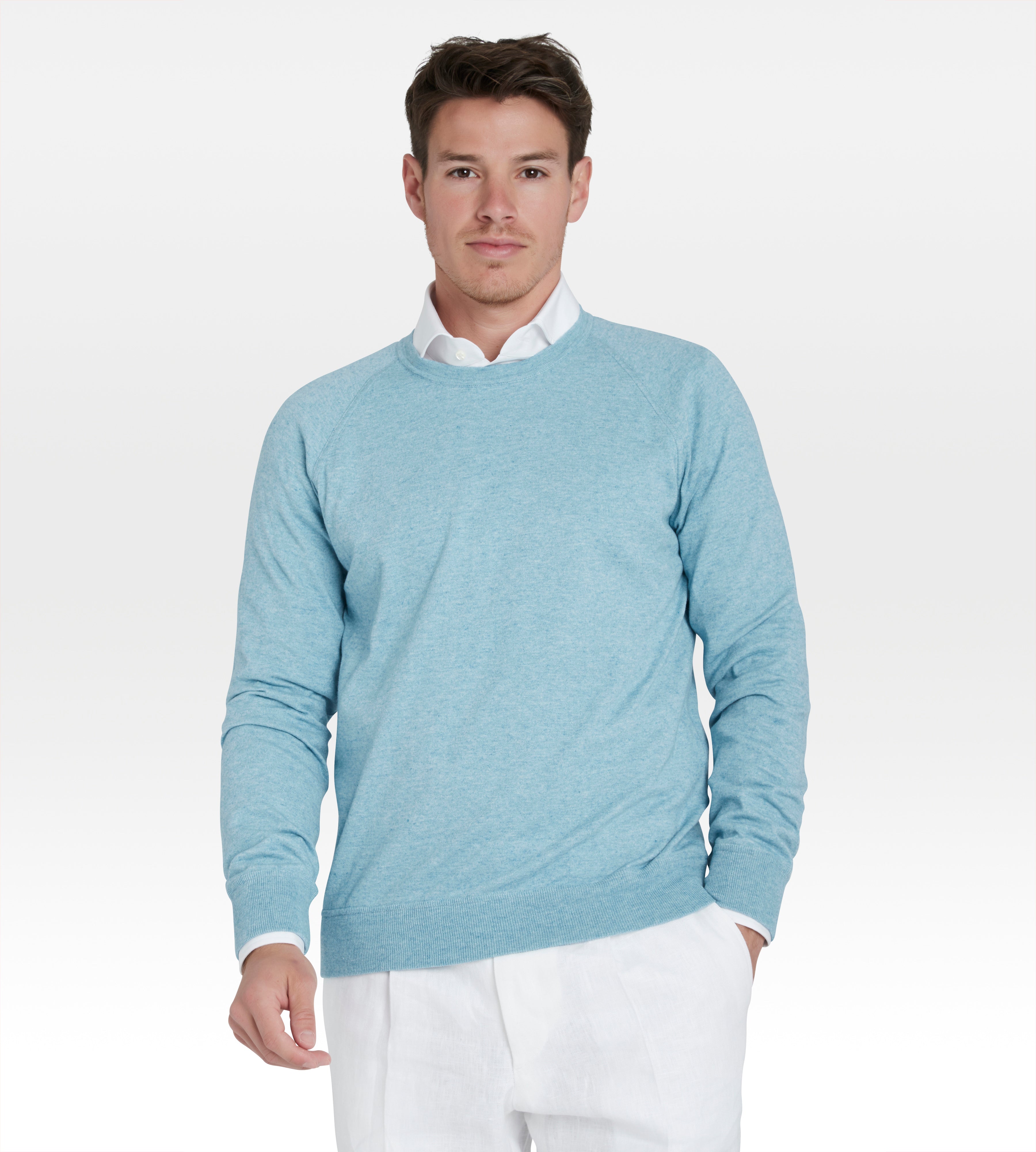 Pull col rond en coton bleu turquoise