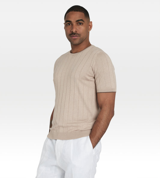T-shirt col rond beige en coton