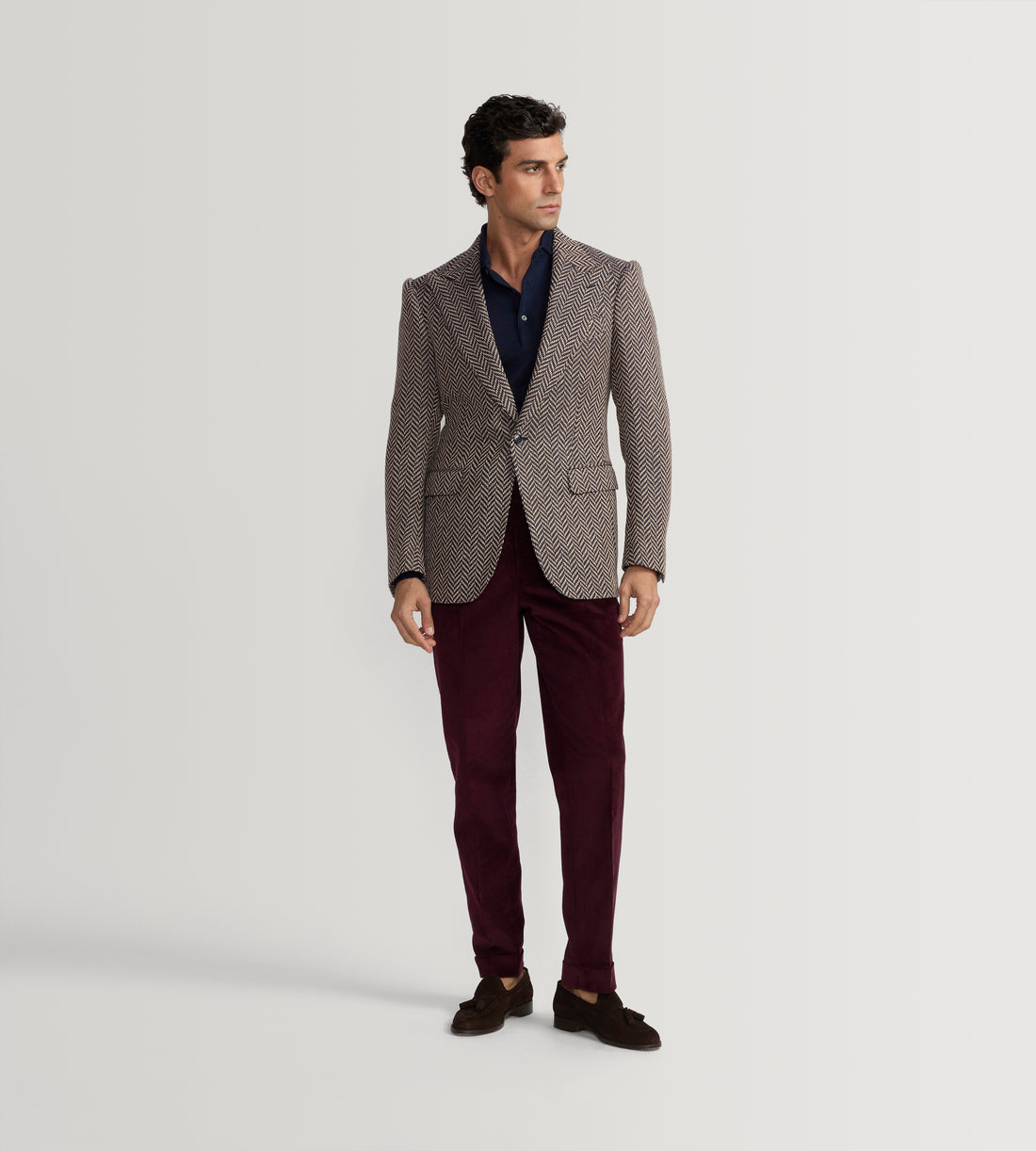 Veste en alpaga mélangé à motifs chevrons bleu &amp; beige