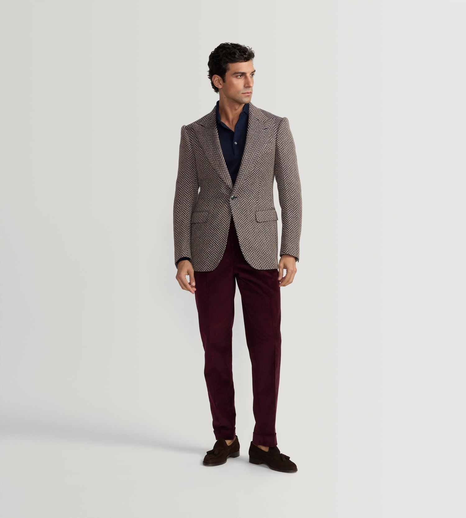 Veste en alpaga mélangé à motifs chevrons bleu &amp; beige