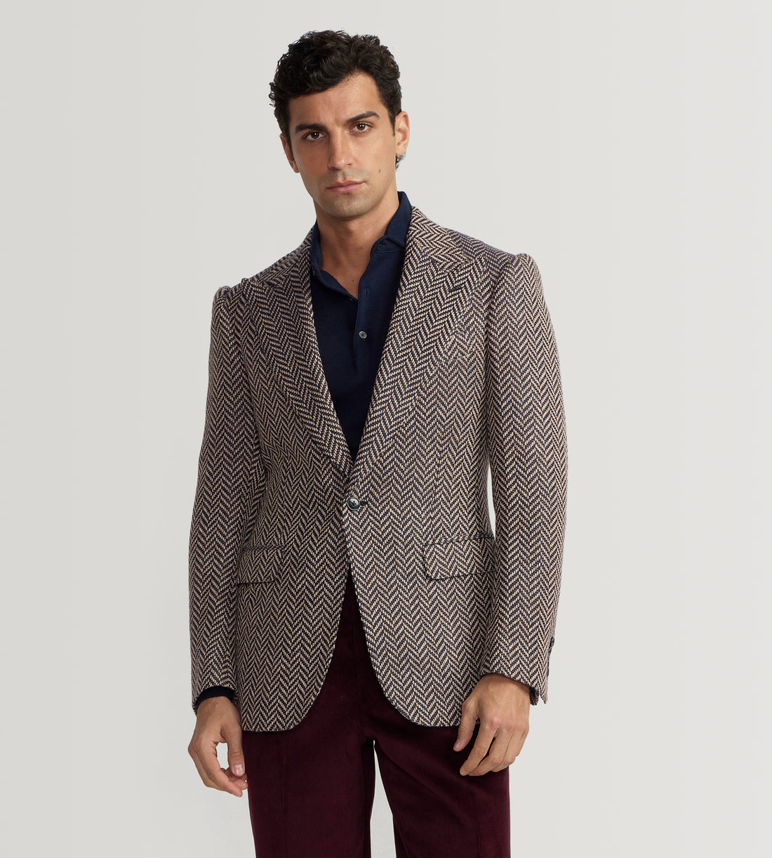 Veste en alpaga mélangé à motifs chevrons bleu &amp; beige
