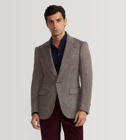 Veste en alpaga mélangé à motifs chevrons bleu &amp; beige