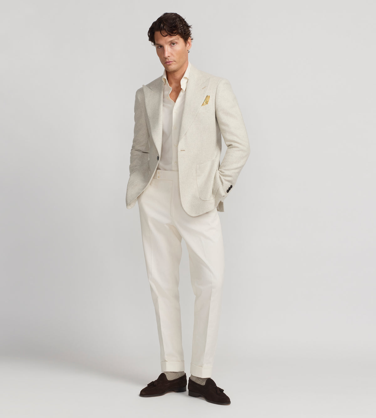 Veste en cachemire beige à motif Prince-de-Galles