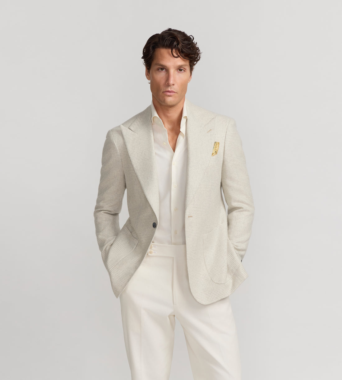 Veste en cachemire beige à motif Prince-de-Galles