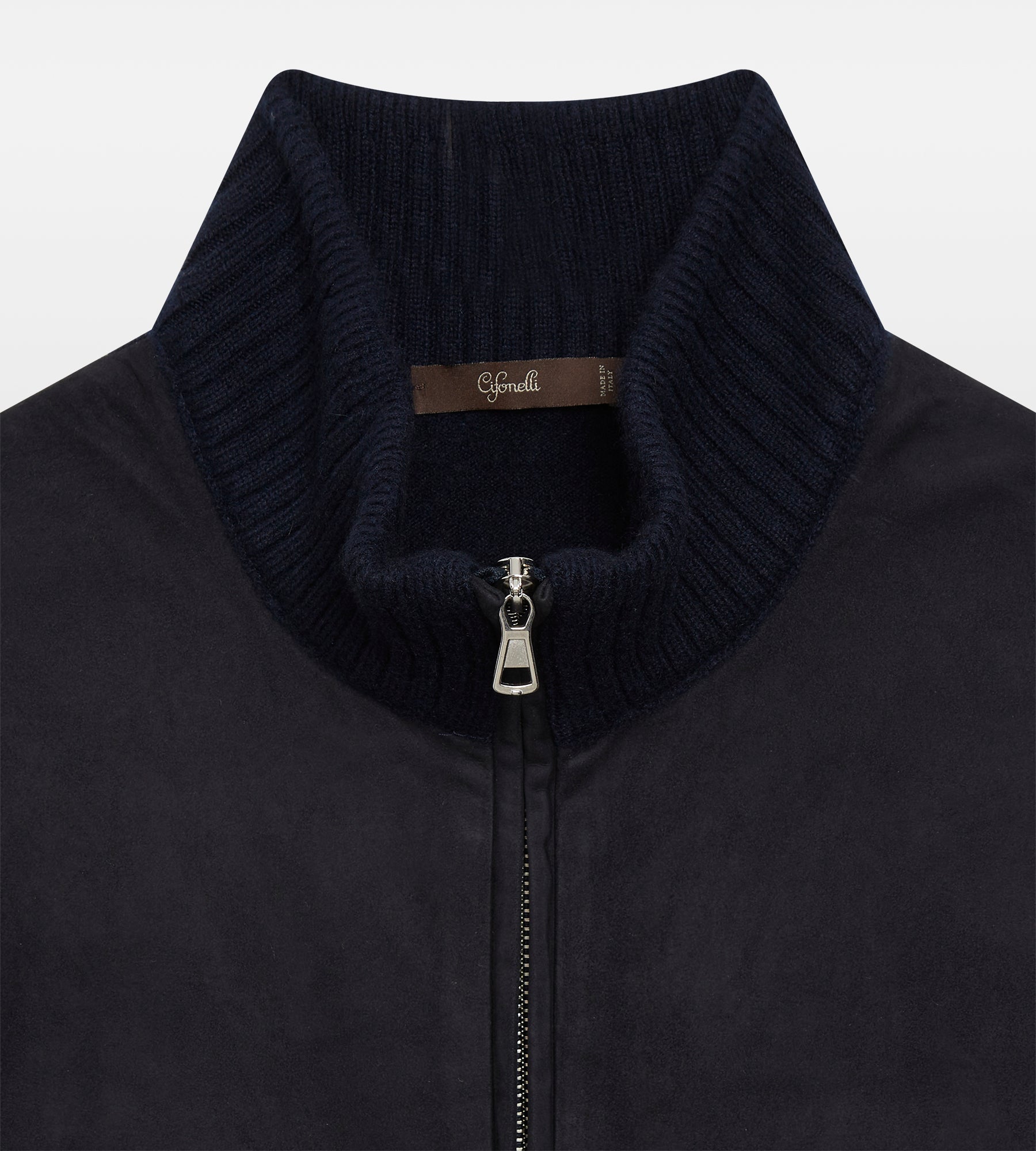 Blue zip sweater in suede & cashmere