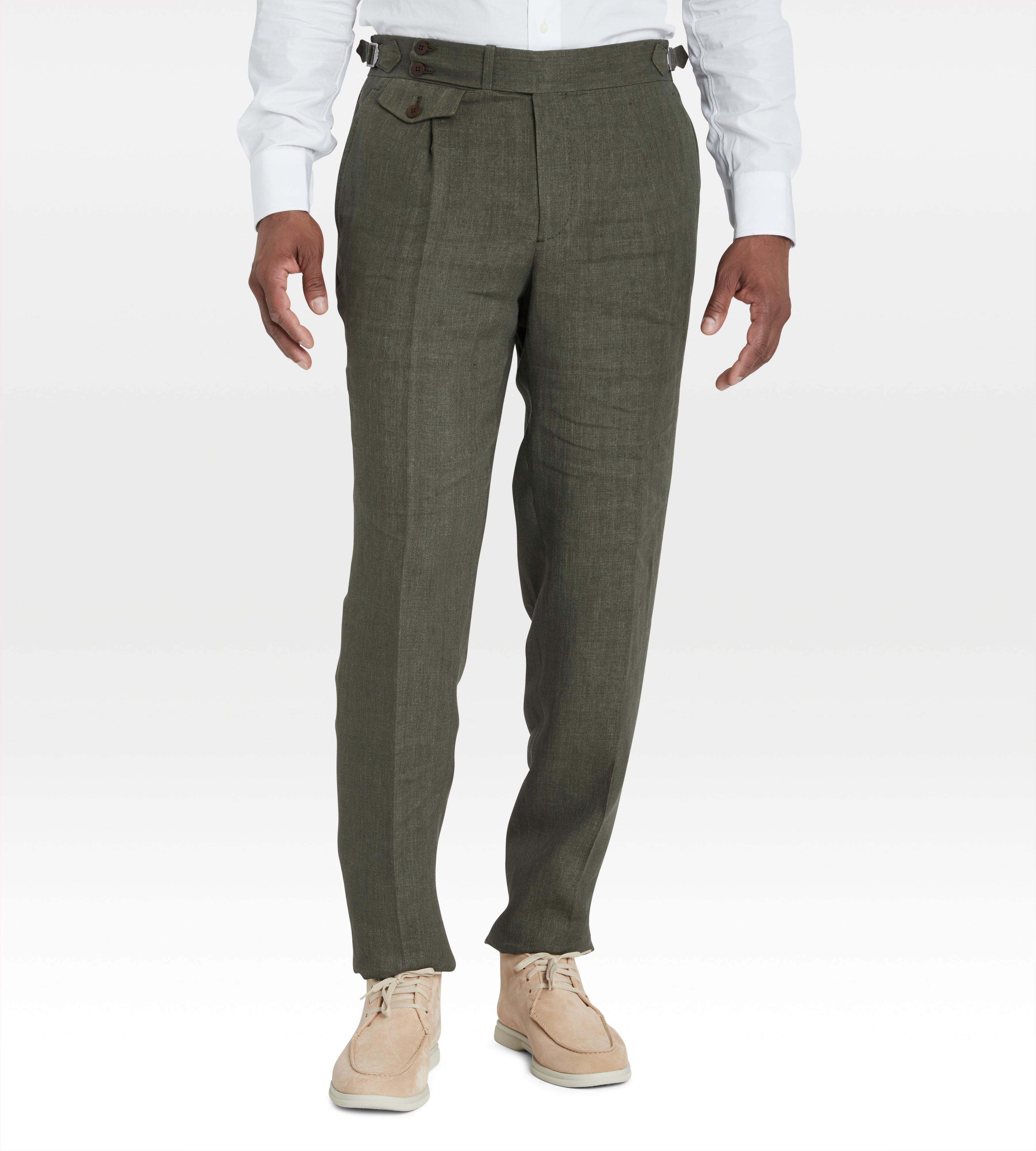 Pantalon 1 pli en lin vert militaire
