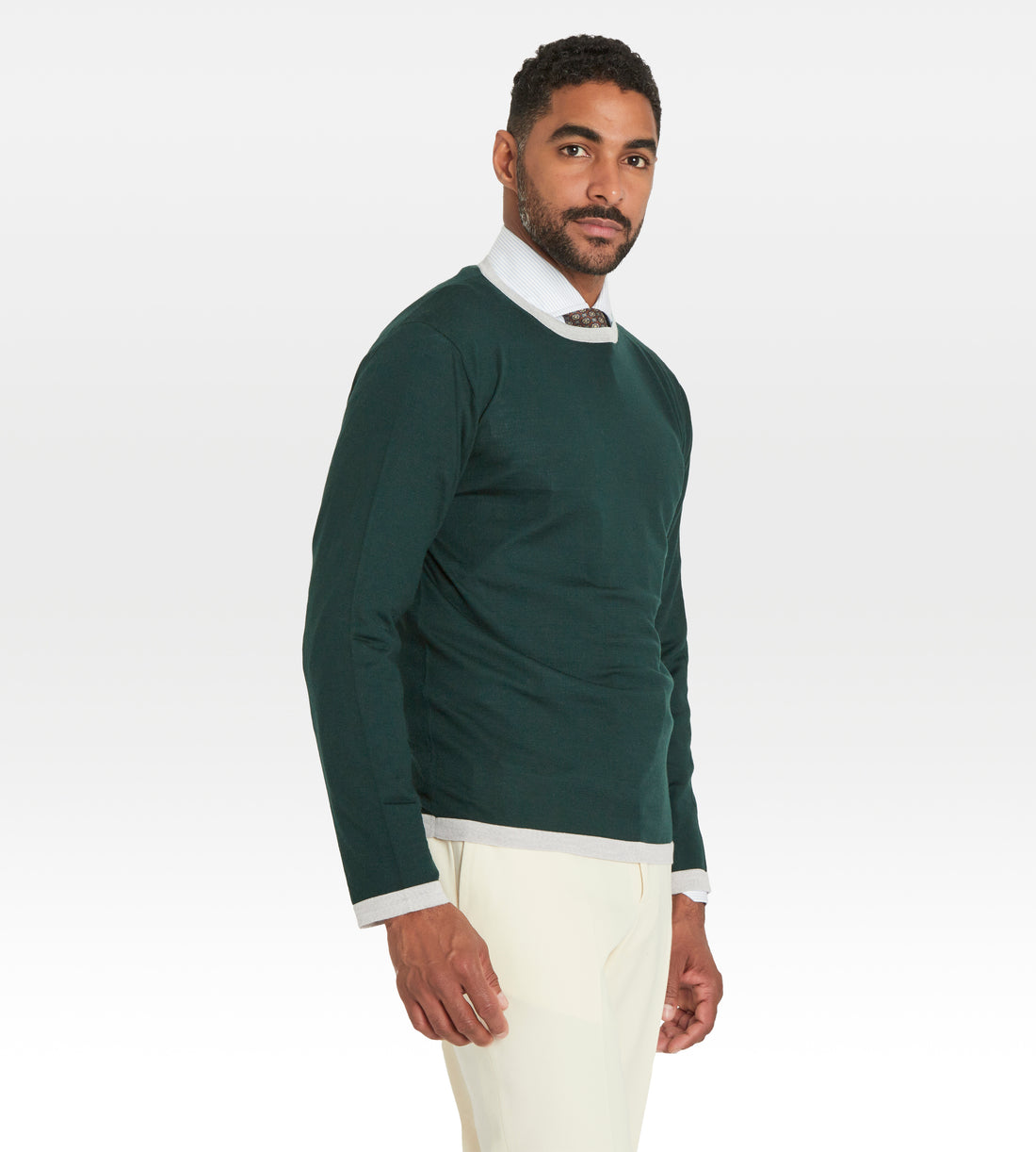 Pull fin en laine à col rond vert & gris